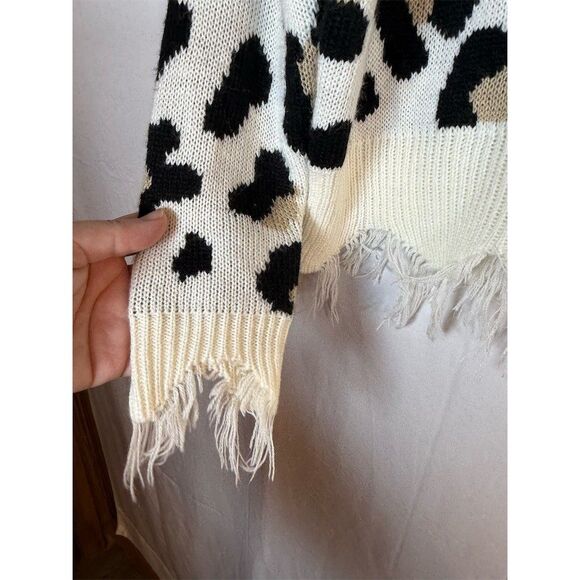 Just Polly Sweater Womens Small Ivory Leopard Print Distressed - Picture 4 of 11
